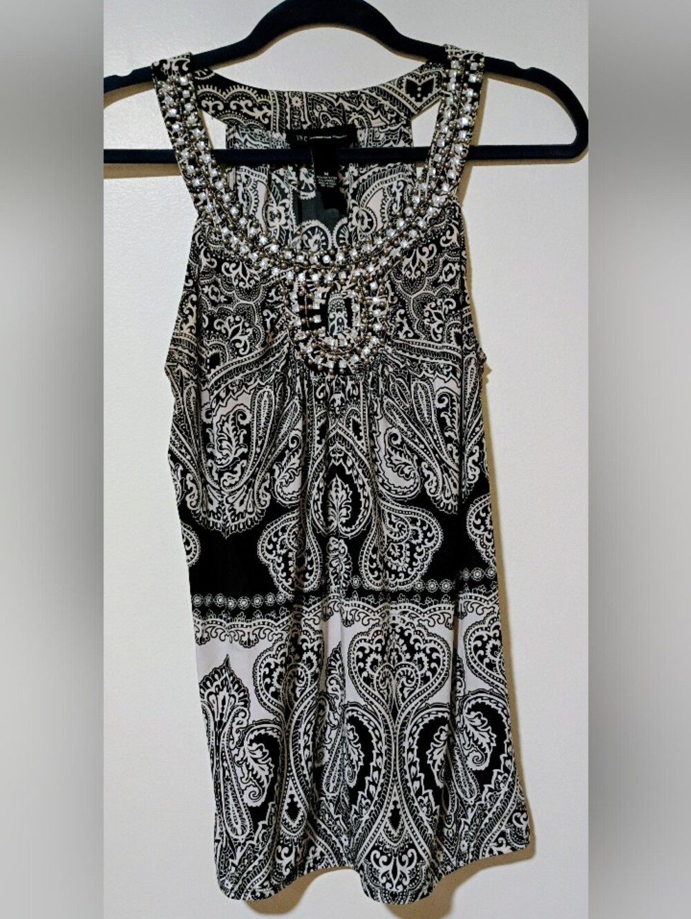 INC International Concepts Black & White Paisley Beaded Tank Medium